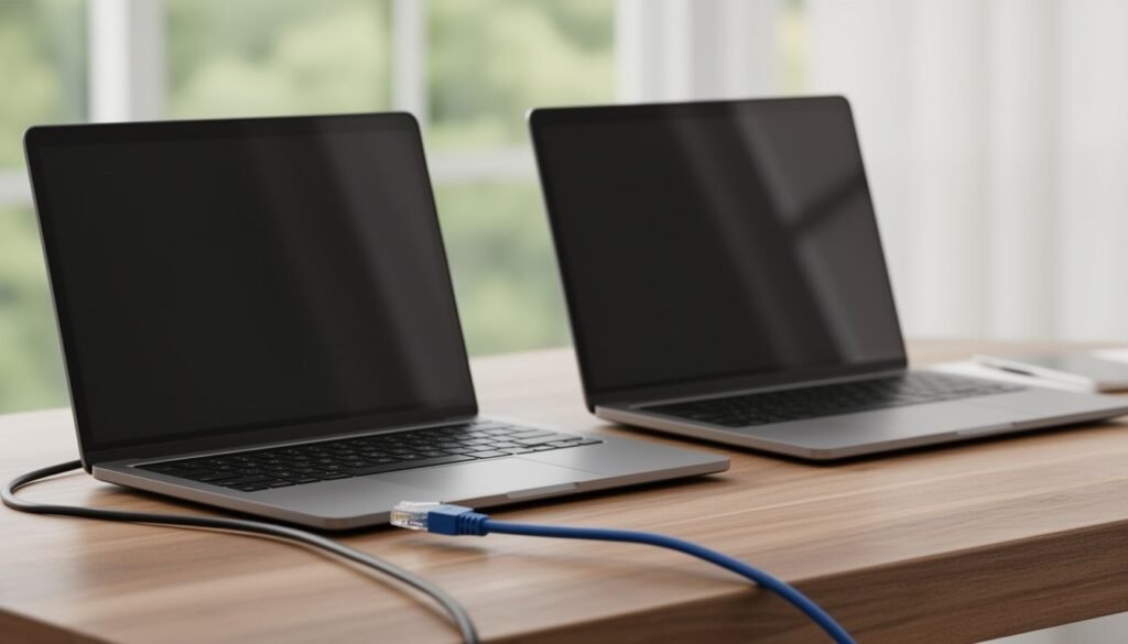 Mesa de madera con dos ordenadores portátiles abiertos y un cable de red visible en primer plano