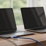Mesa de madera con dos ordenadores portátiles abiertos y un cable de red visible en primer plano