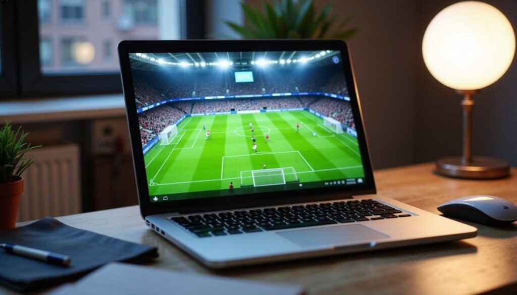Ordenador portátil con iptv smarters pro en modo pantalla completa reproduciendo un partido de fútbol