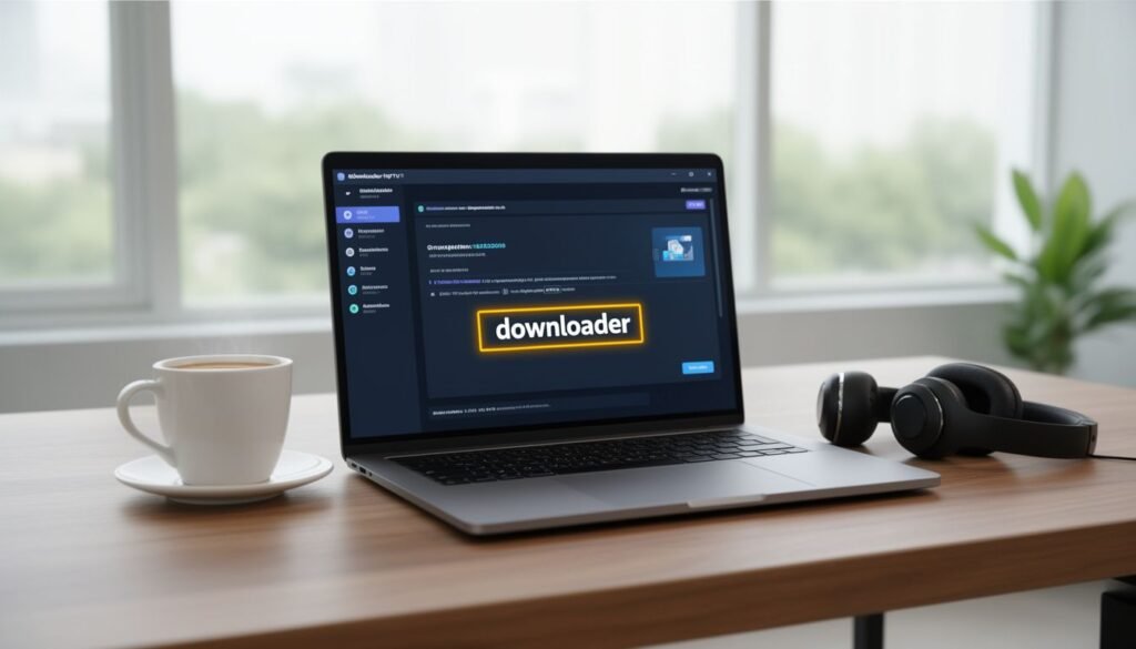 Pantalla de ordenador mostrando la interfaz de un downloader de IPTV con la palabra downloader resaltada