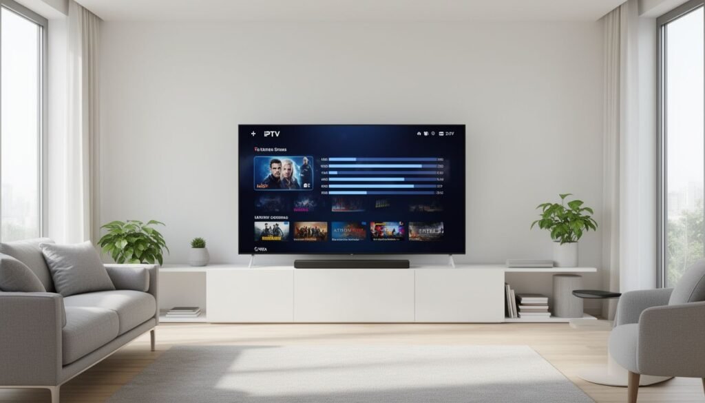 Pantalla de televisor mostrando una prueba iptv en progreso con interfaz de usuario clara