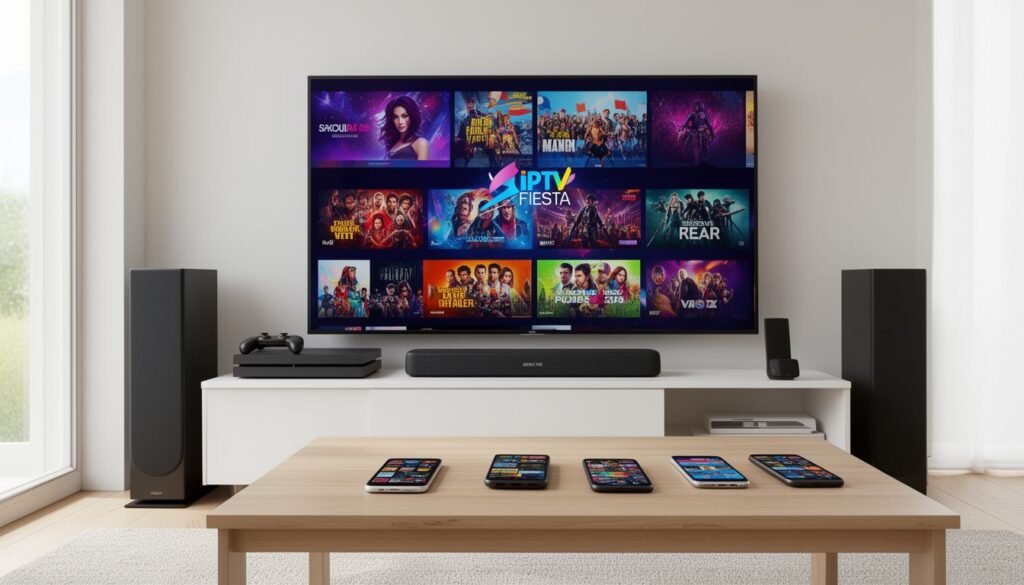 Pantalla de TV mostrando una iptv fiesta con varios dispositivos conectados