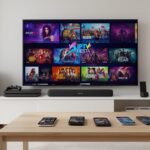 Pantalla de TV mostrando una iptv fiesta con varios dispositivos conectados