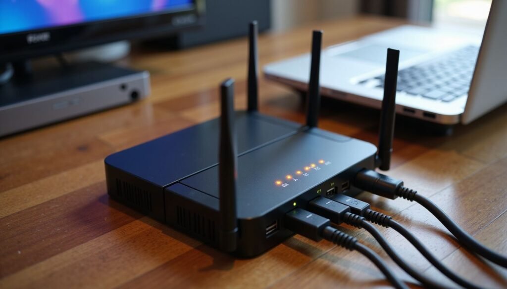 Router con luces LED y cables Ethernet preparados para una iptv fiesta