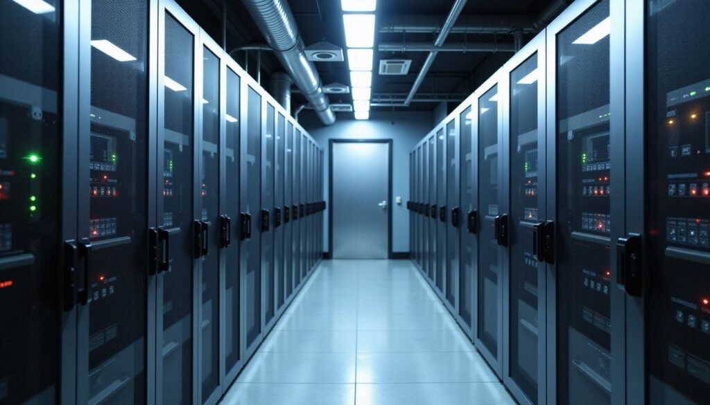 Servidor rack con luces de estado encendidas en un centro de datos moderno