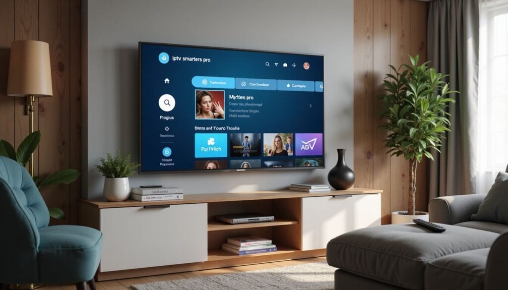 Smart TV Android con iptv smarters pro abierto y lista de reproducción M3U visible