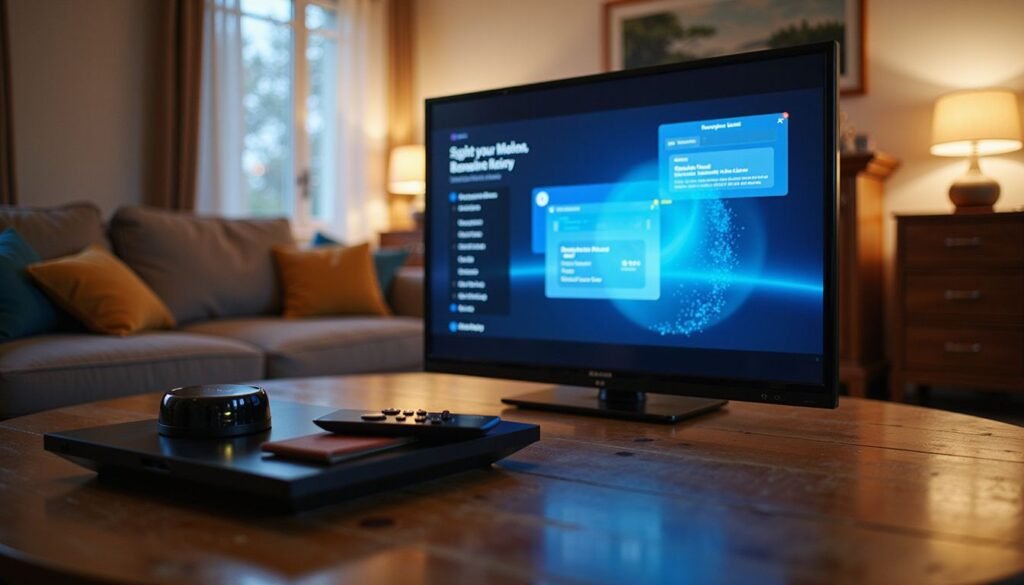 Smart TV encendida mostrando una interfaz de streaming genérica con controles táctiles