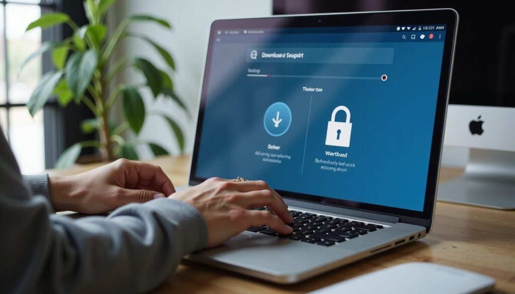 Usuario configurando un downloader en un portátil mientras aparecen iconos de seguridad SSL