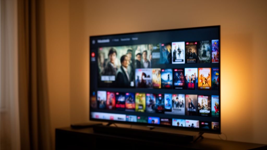 A home cinema corner with a television showing a cinematic film scene