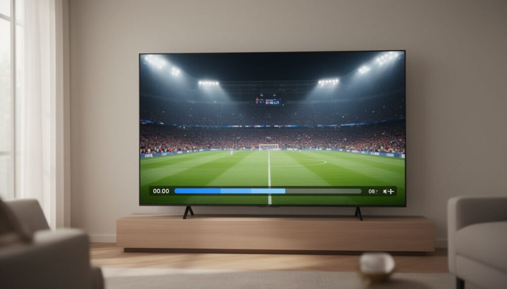 Ilustración para televisión digital​ — Televisor mostrando un partido de fútbol en tiempo real con una barra de progreso estable en la parte inferior de la pantalla
