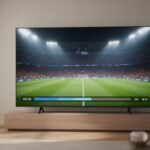 Ilustración para televisión digital​ — Televisor mostrando un partido de fútbol en tiempo real con una barra de progreso estable en la parte inferior de la pantalla