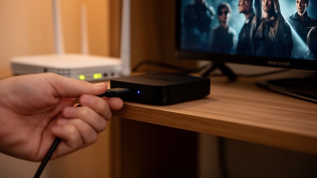 Ilustración para televisión digital​ — Un usuario conectando un dispositivo Android TV a través de un cable HDMI para mejorar la estabilidad de la señal